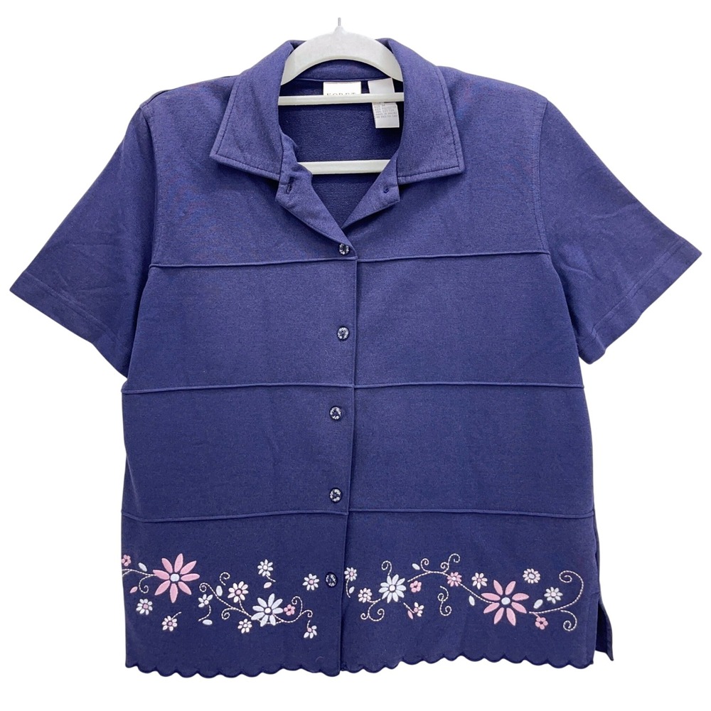 Koret Blue Button Front Top Medium Floral Embroidered Scalloped Hem Short Sleeve